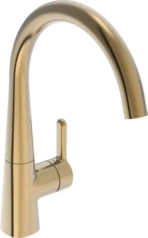 Küchenarmatur in gebürsteter Bronze von HANSA mit hohem, geschwungenem Auslauf und seitlichem Hebel zur Steuerung des Wasserflusses.